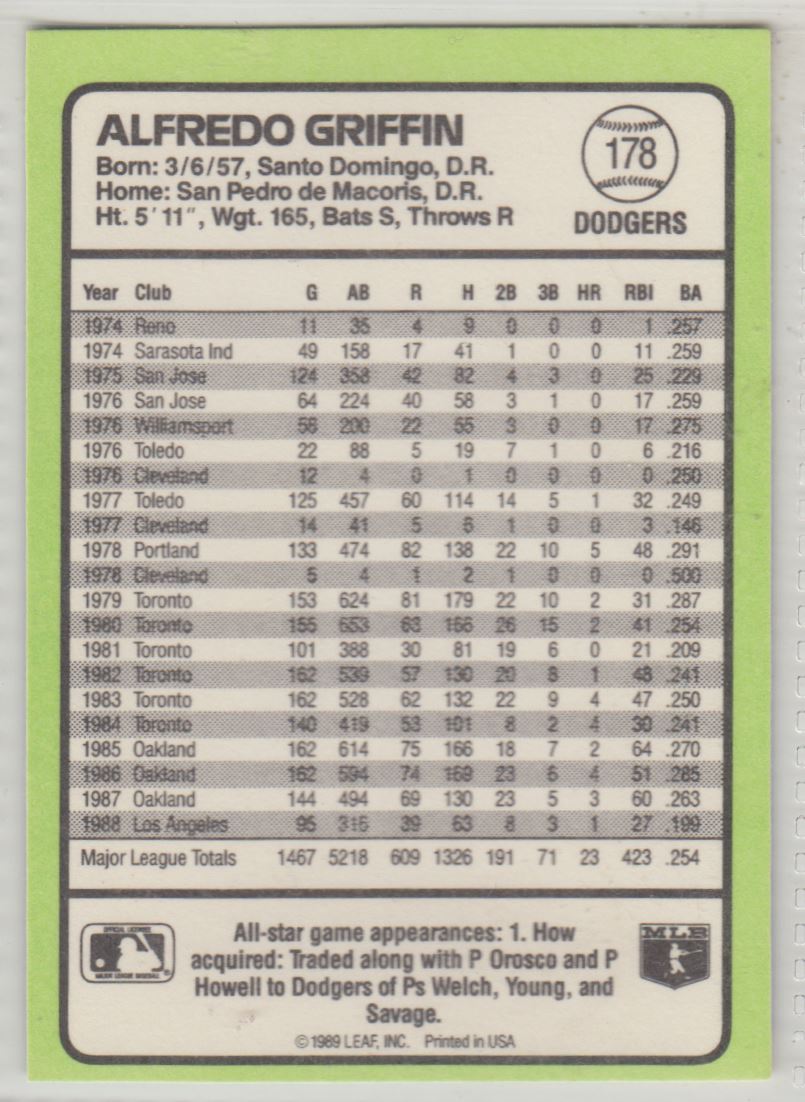 1989 Donruss Baseball's Best Alfredo Griffin #178 card back image