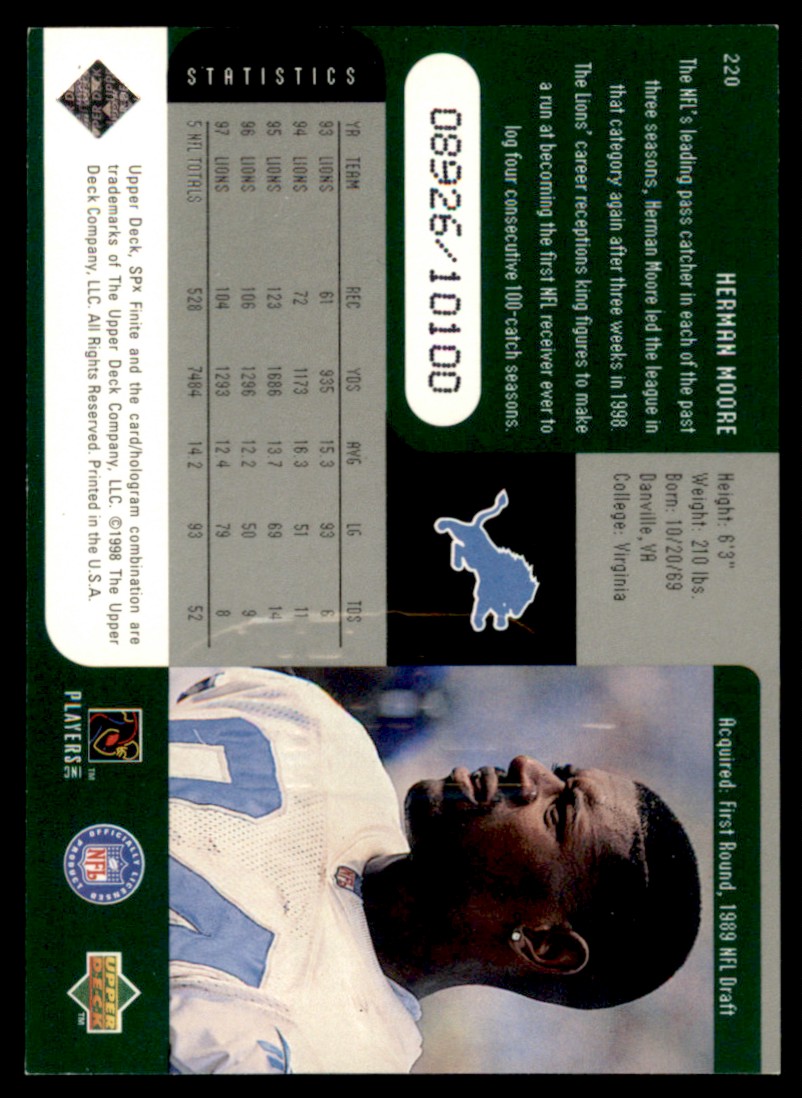 1998 SPx Finite Herman Moore #220 card back image