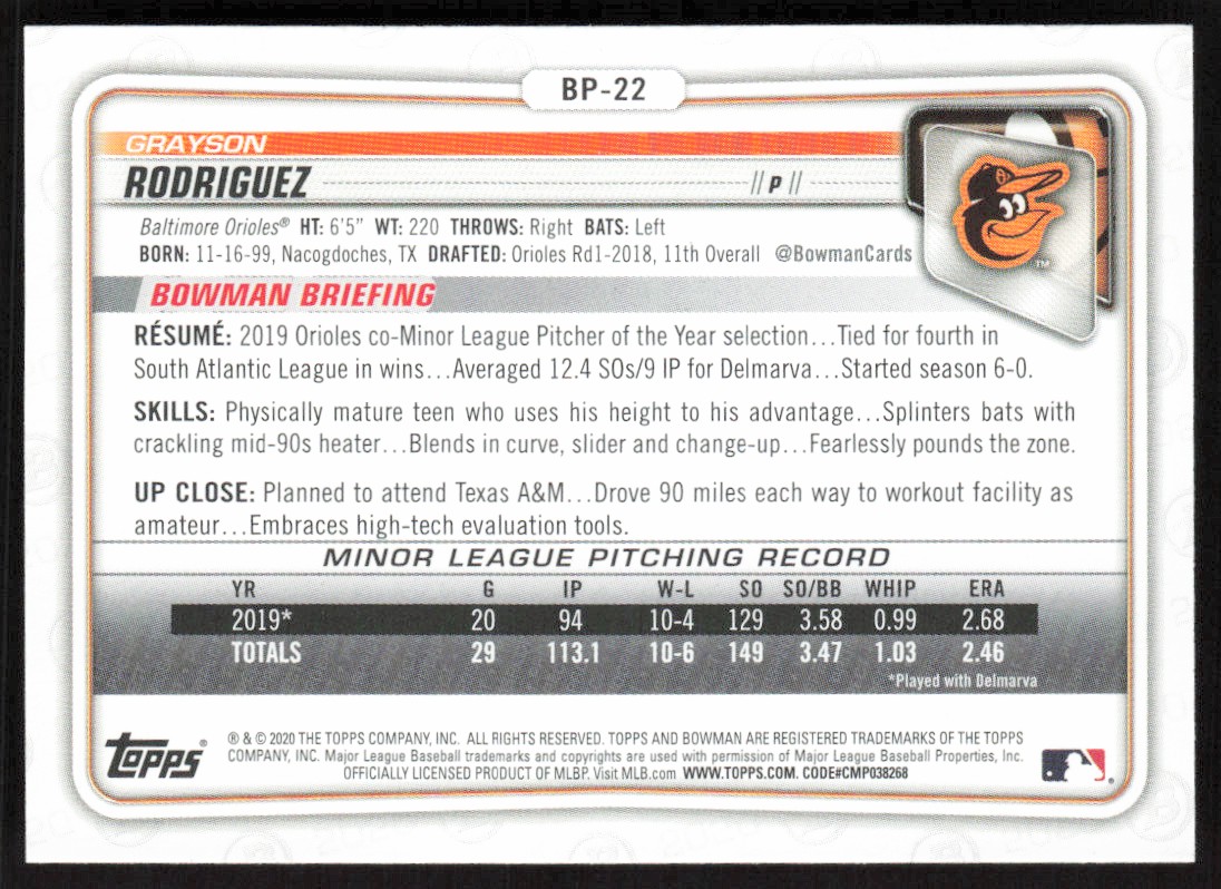 2020 Bowman Prospects #BP-22 Grayson Rodriguez Baltimore Orioles | eBay