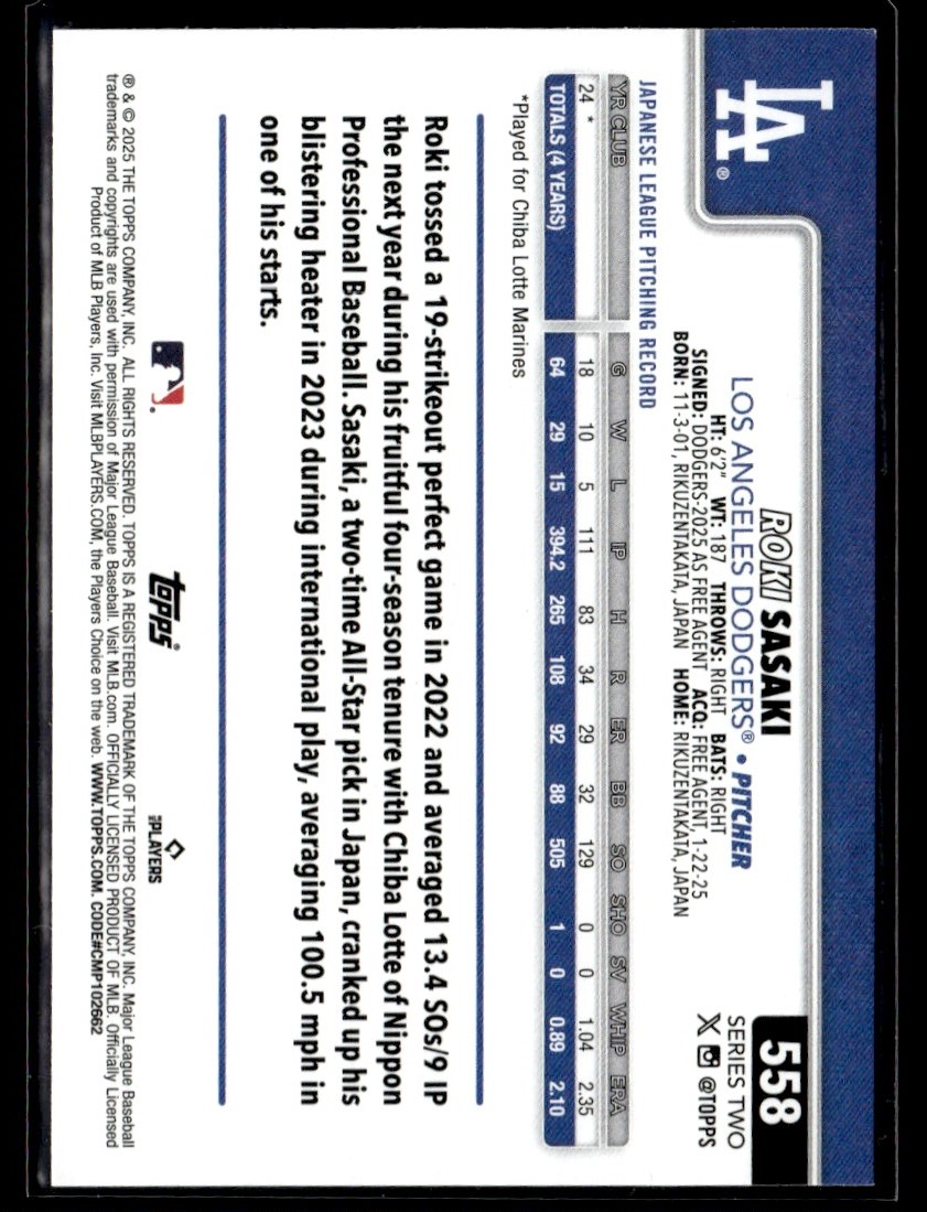 2025 Topps Series 2 Rainbow Foil Roki Sasaki Rookie Dodgers #558