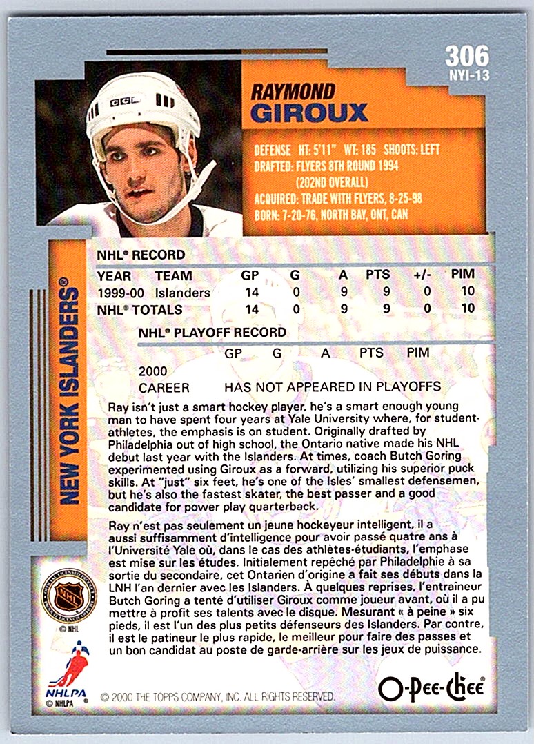 2000-01 O-Pee-Chee NHL Prospects Ray Giroux #306 card back image