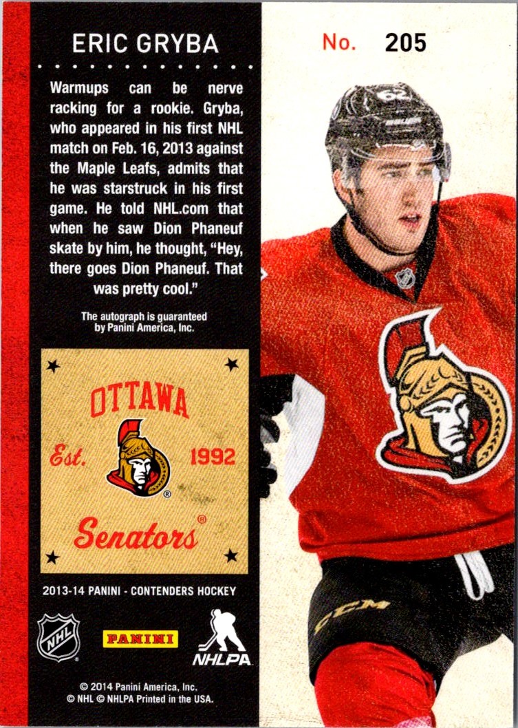 2013-14 Panini Contenders Autograph Eric Gryba #205 card back image