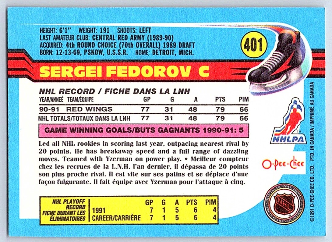 1991-92 O-Pee-Chee Sergei Fedorov #401 card back image