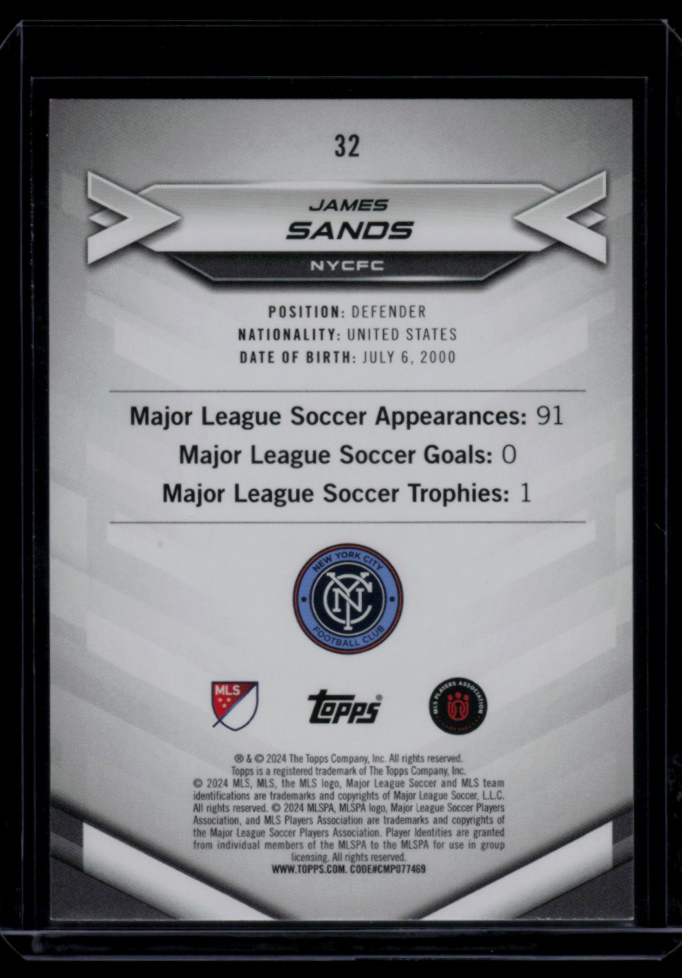2024 Topps MLS Superstars Yellow Common James Sands #32 card back image