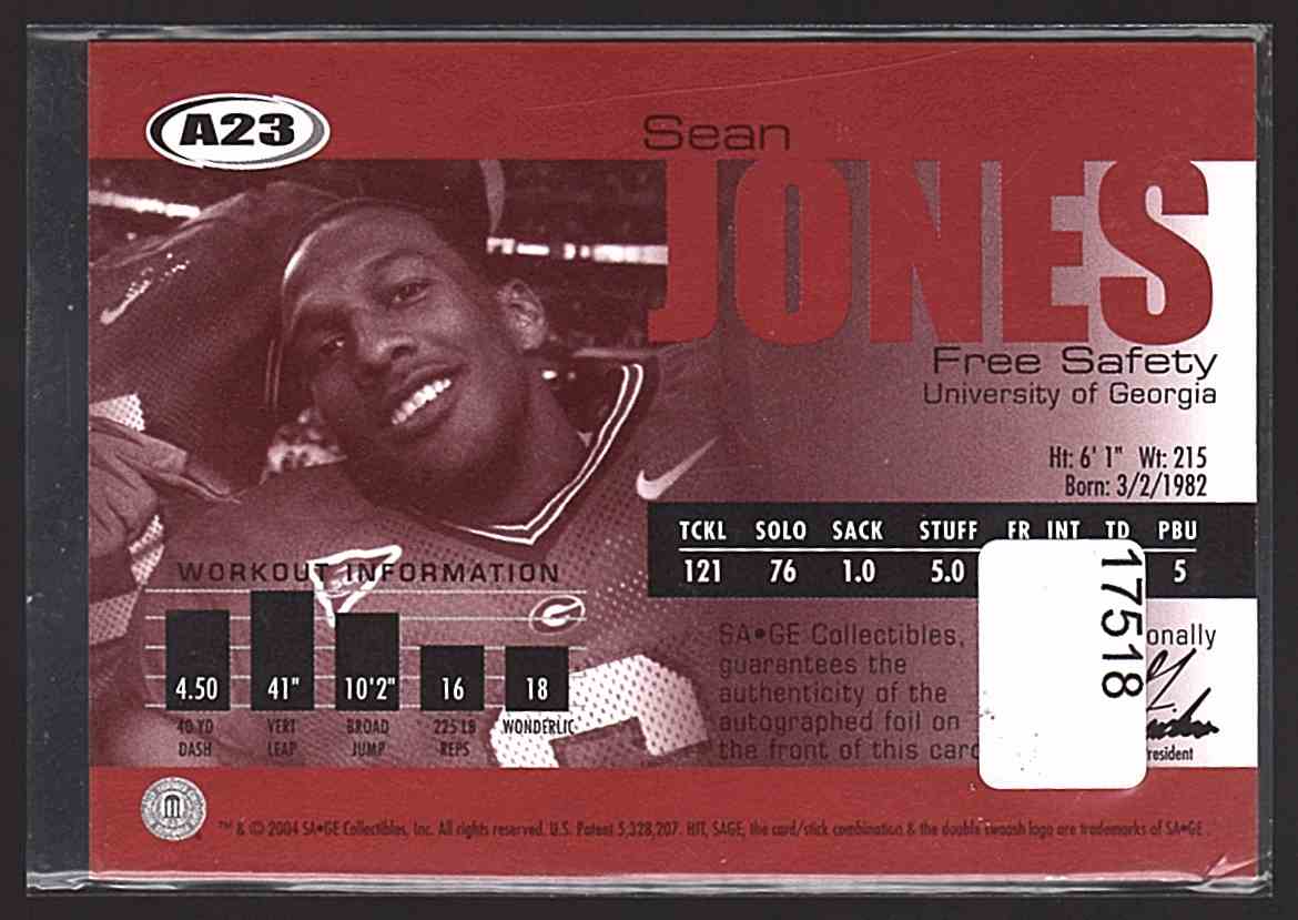 2004 Sage Autographs Bronze Sean Jones #A23 card back image