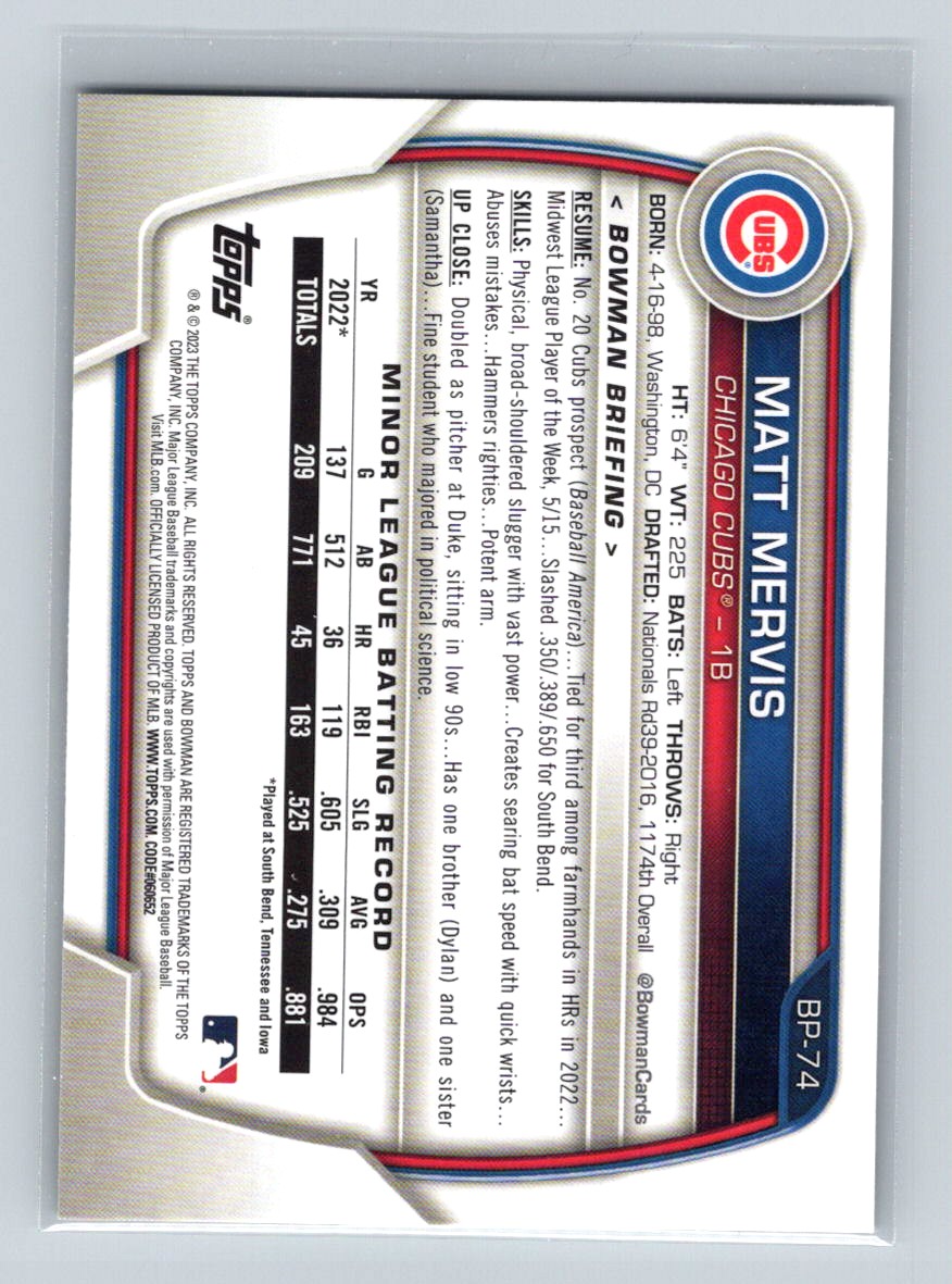 2023 Bowman Prospects Matt Mervis #BP-74 card back image