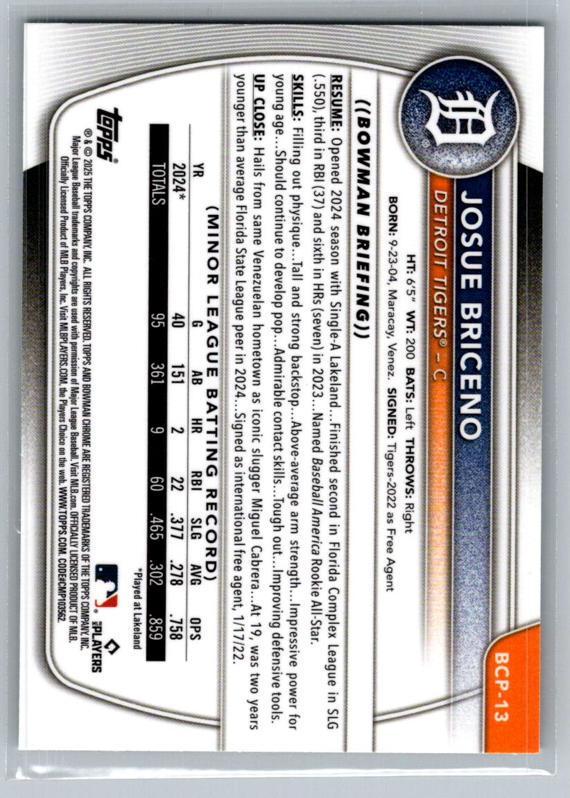 2025 Bowman Chrome Prospects Green Refractor Josue Briceno #BCP-13 card back image