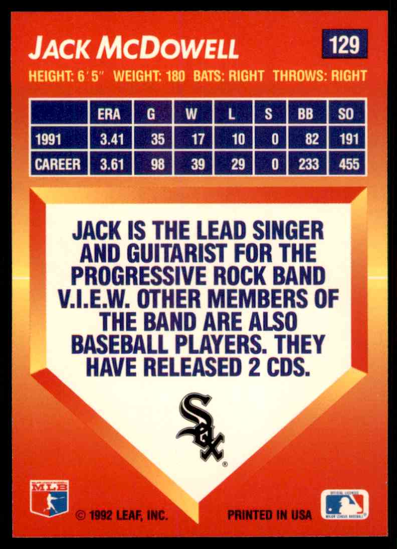 1992 Triple Play Jack McDowell #129 card back image