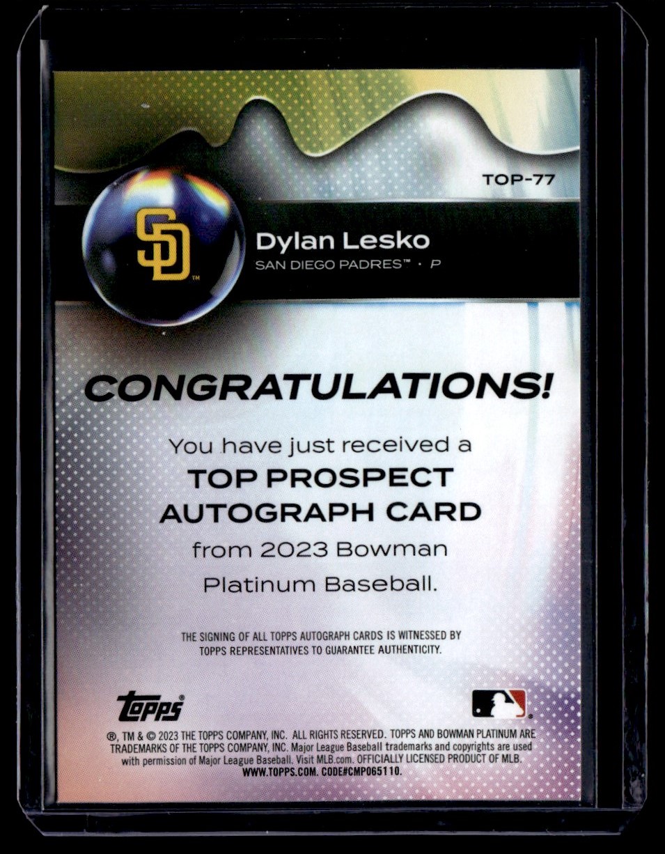 2023 Bowman Platinum Top Prospects Autographs Dylan Lesko #TOP-77 card back image