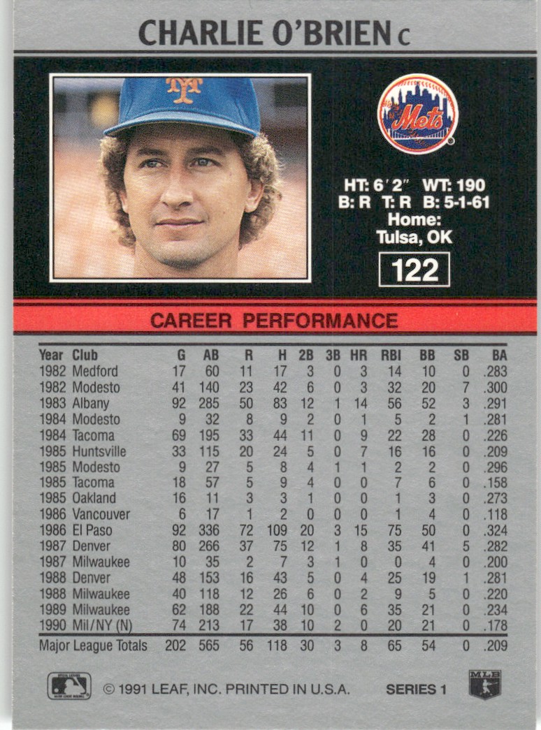 1991 Leaf Major League MLB Baseball Charlie O'Brien #122 card back image