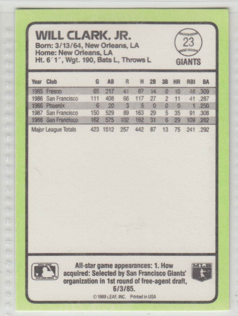 1989 Donruss Baseball's Best Will Clark #23 card back image