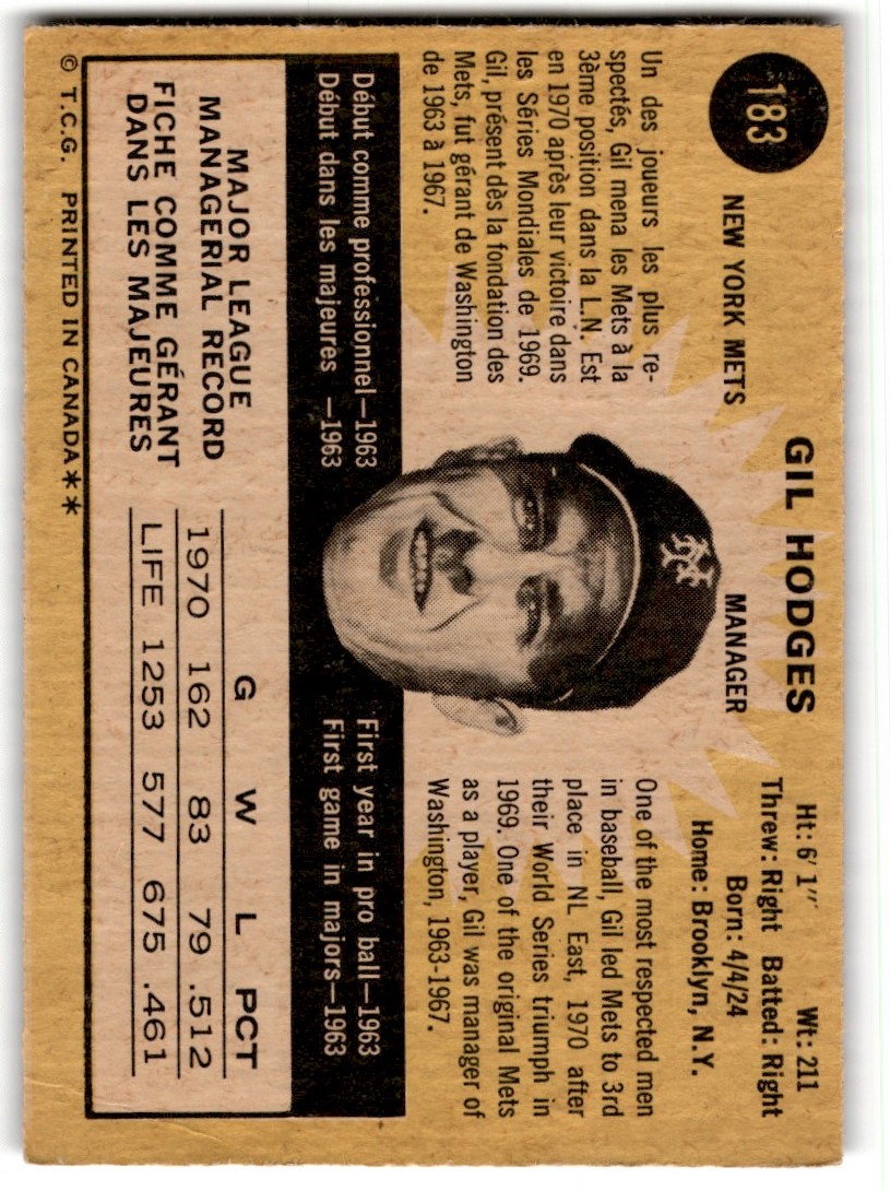 1971 O-Pee-Chee Gil Hodges #183 card back image