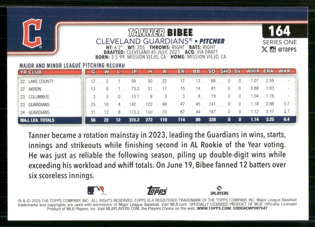 2025 Topps Tanner Bibee #164 card back image