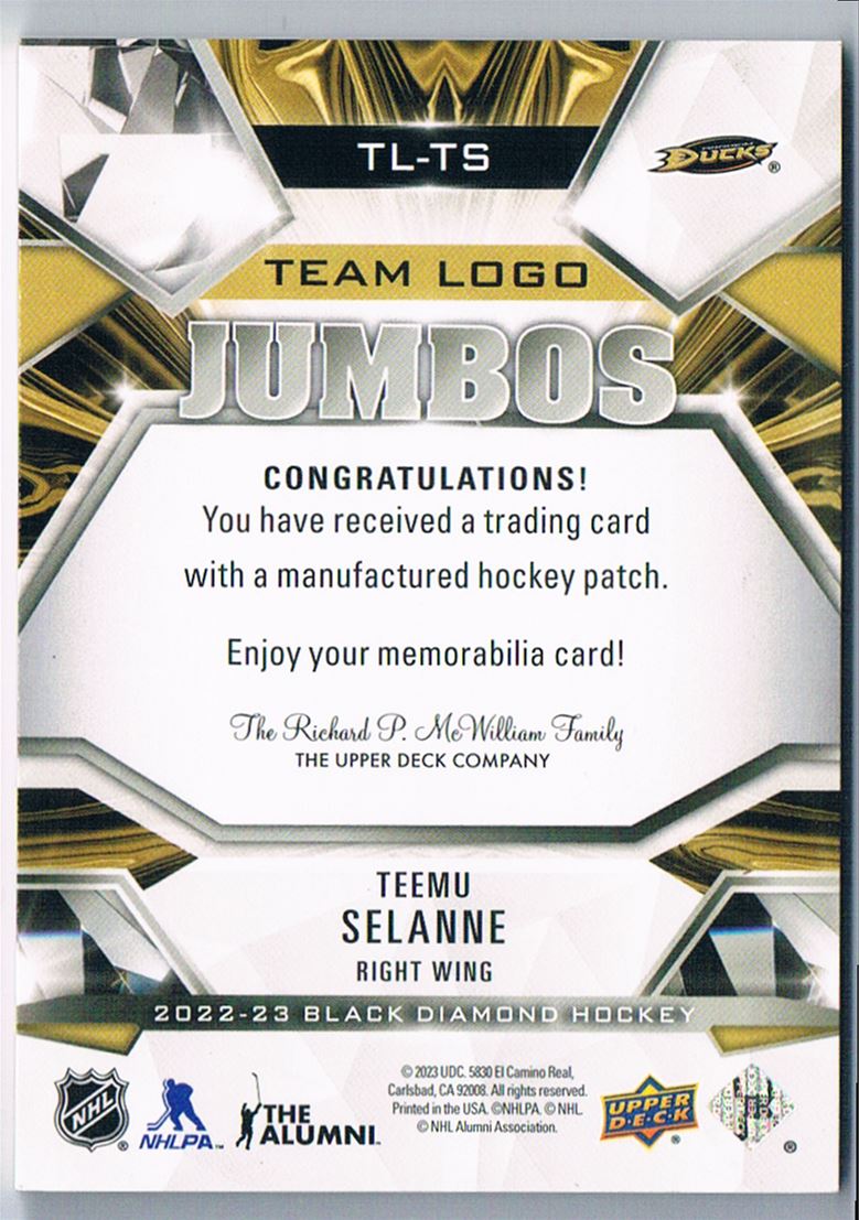 2022-23 Black Diamond Team Logo Jumbos Teemu Selanne #TL-TS on Kronozio