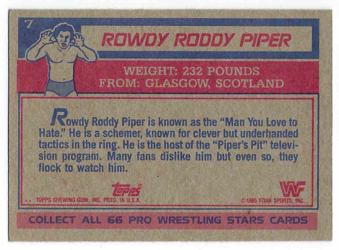 1985 Topps WWF Pro Wrestling Stars Rowdy Roddy Piper #7 card back image