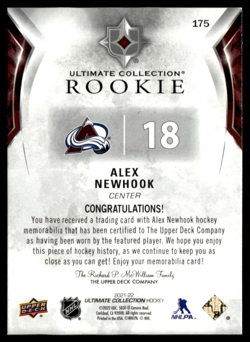 2021-22 UD Ultimate Collection Rookies Jersey Alex Newhook #175 on Kronozio