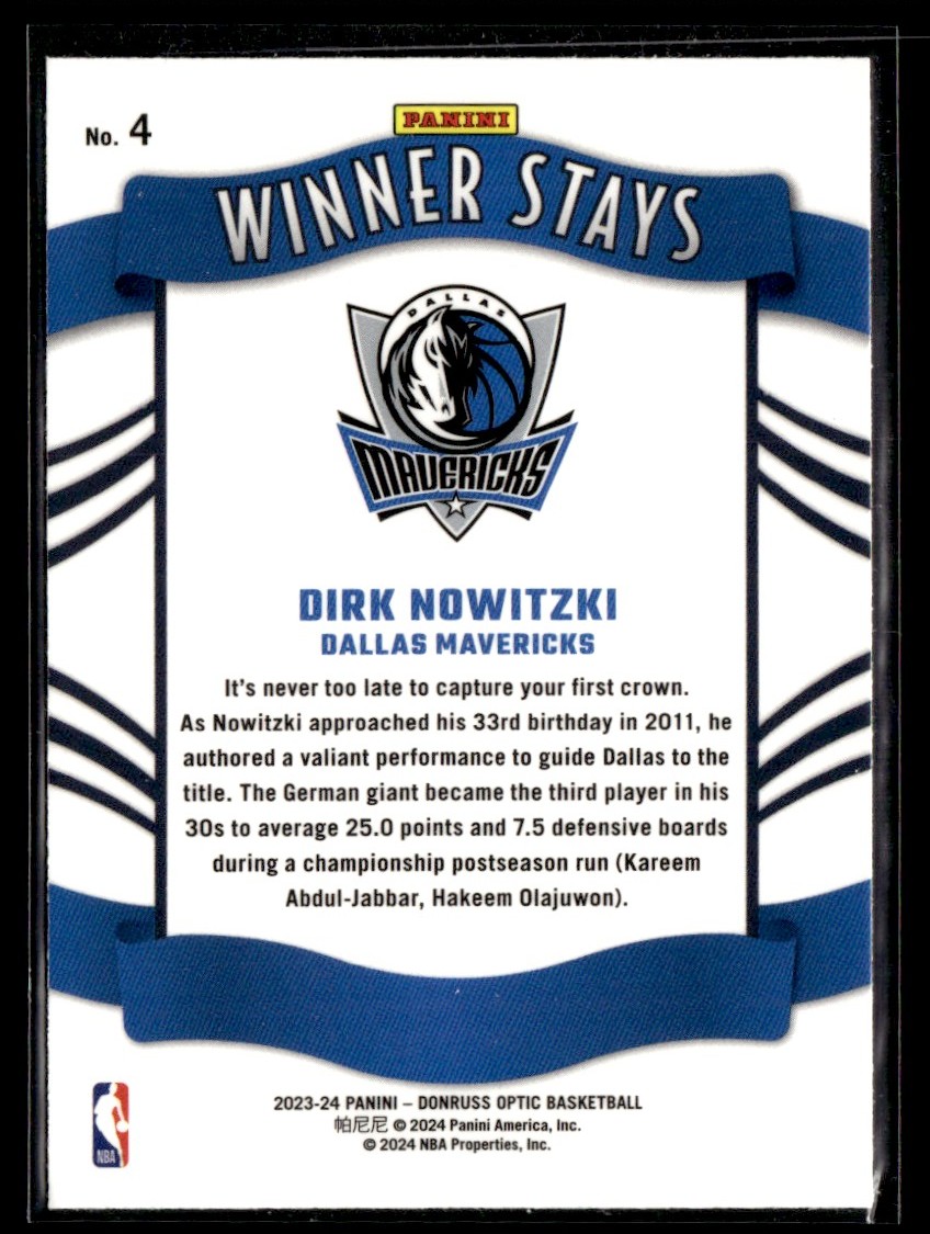 2023-24 Donruss Optic Winner Stays Dirk Nowitzki #4 card back image