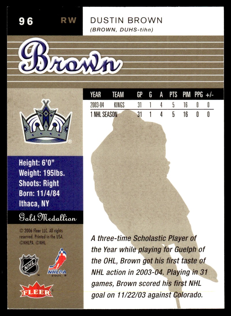 2005-06 Ultra Gold Medallion Dustin Brown #96 card back image