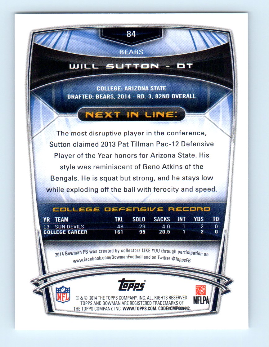2014 Bowman Rookies Will Sutton #84 card back image