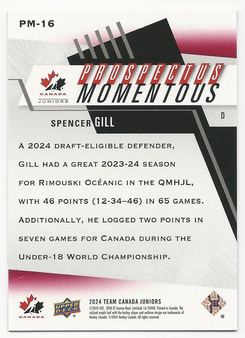 2024-25 Upper Deck Team Canada Juniors Prospectus Momentous Electric Red Spencer Gill #PM-16 card back image