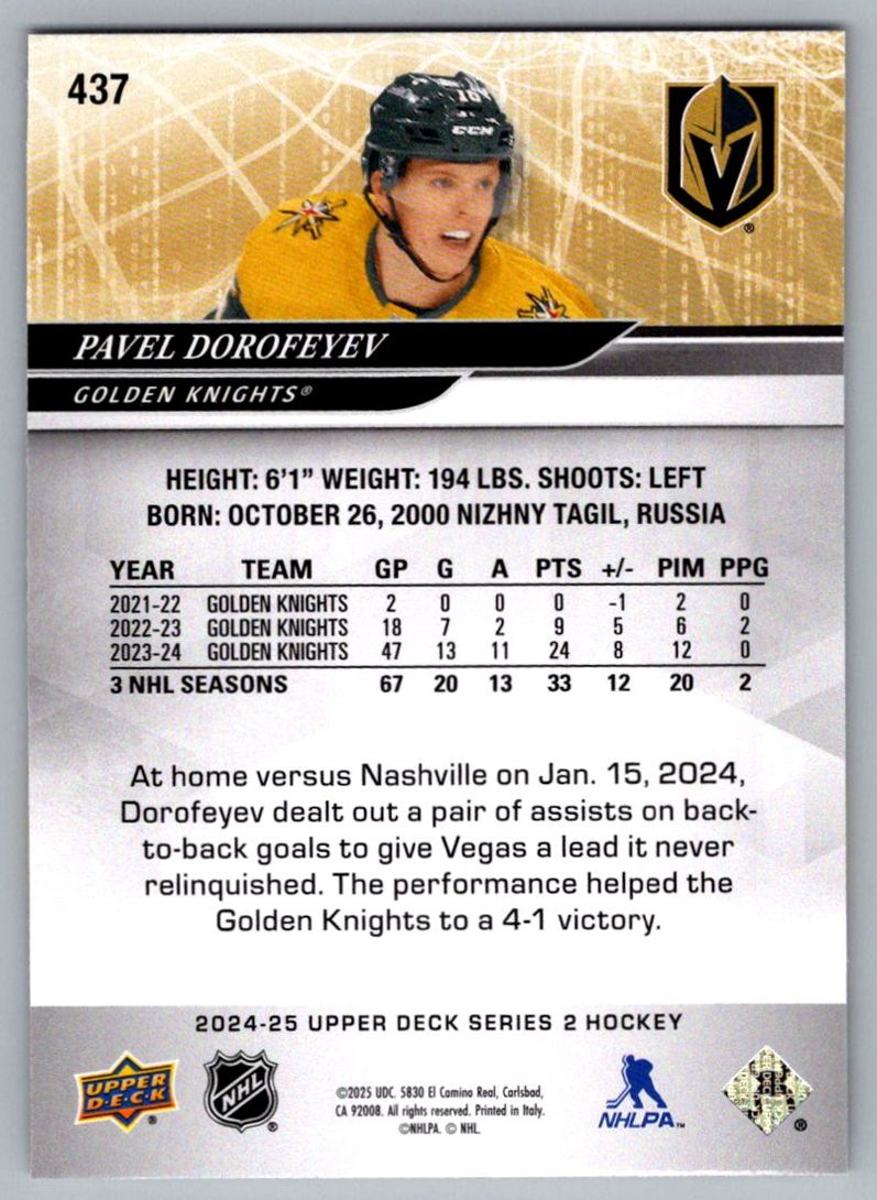 2024-25 Upper Deck Pavel Dorofeyev Vegas Golden Knights #437 | eBay