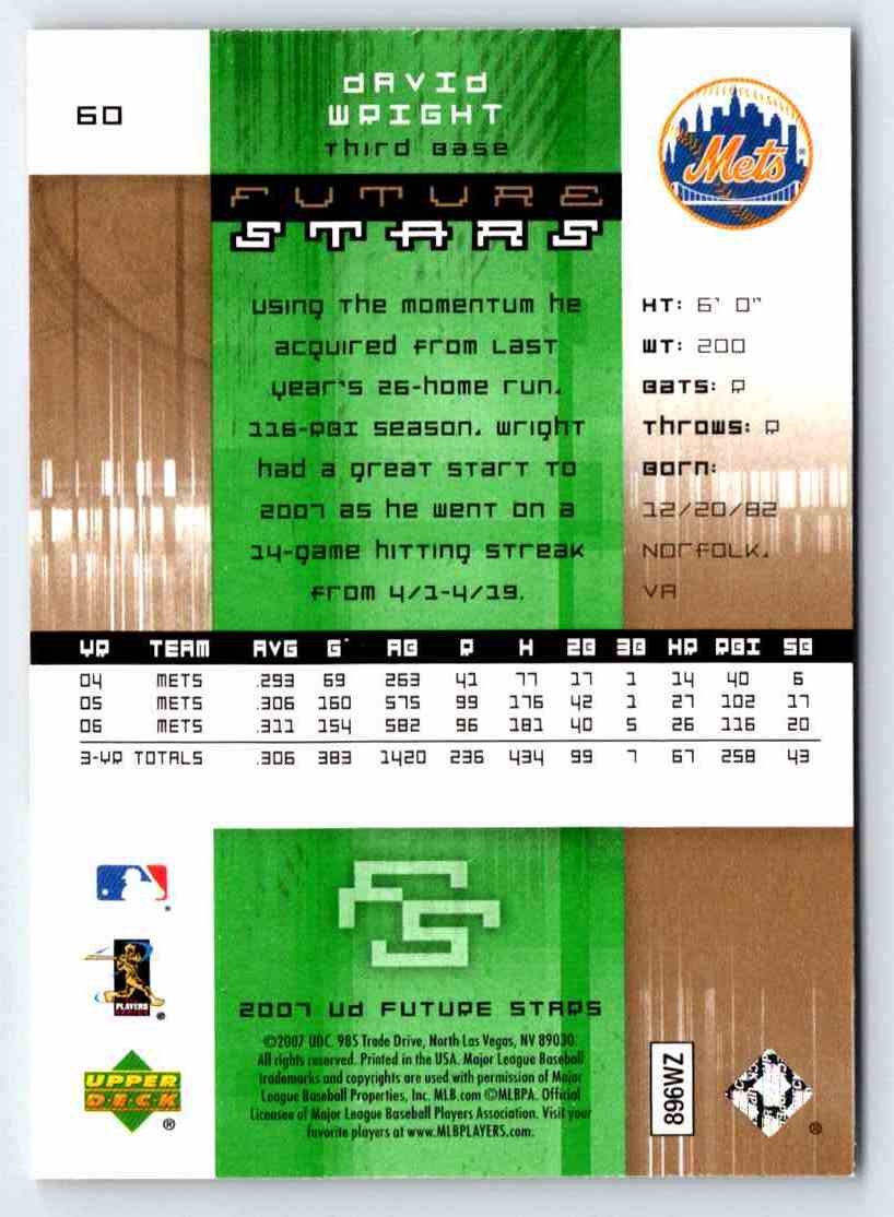 2007 Upper Deck Future Stars David Wright #60 card back image