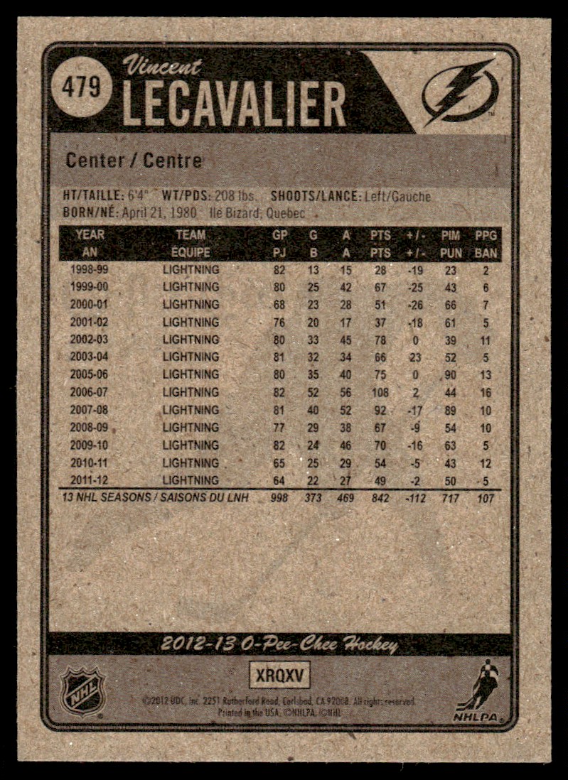 2012-13 O-Pee-Chee ! Vincent Lecavalier #479 card back image