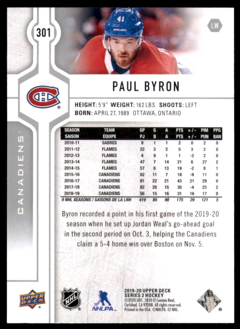 2019-20 Upper Deck Paul Byron #301 card back image