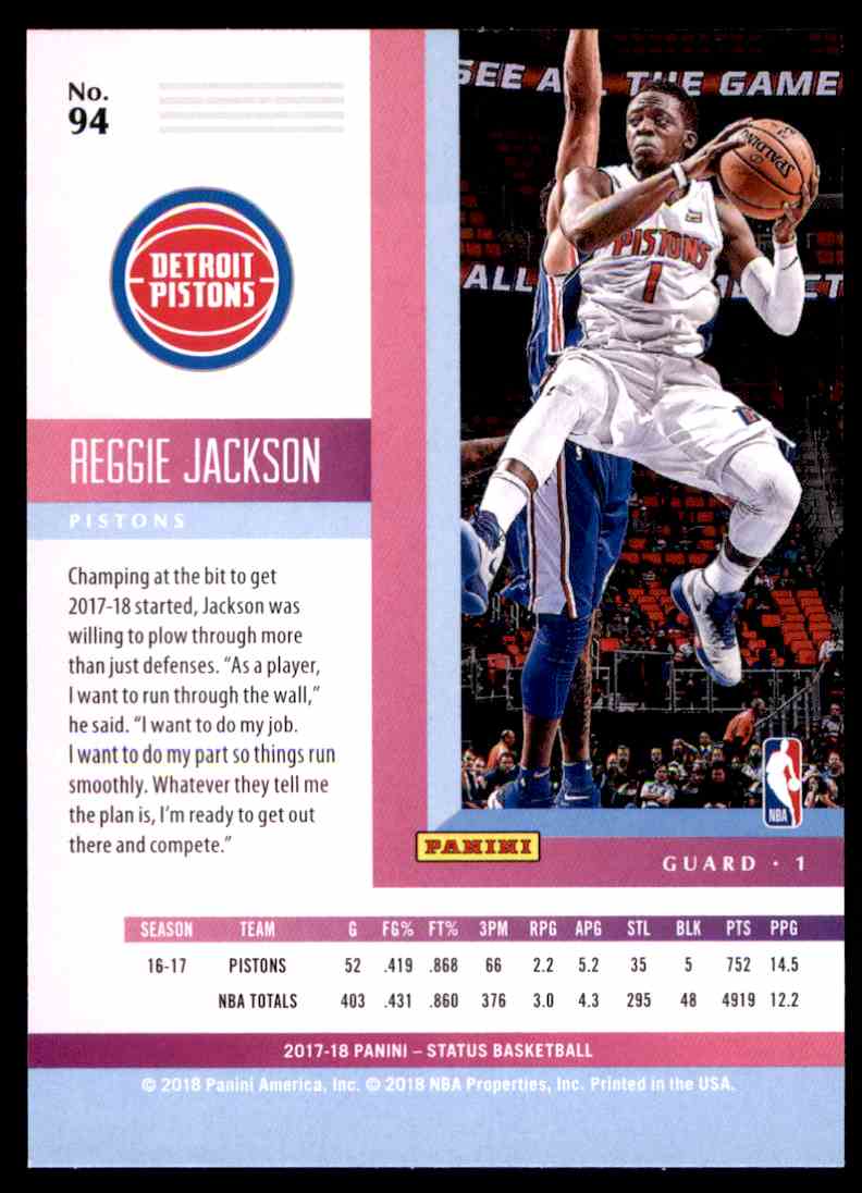2017-18 Panini Status Reggie Jackson #94 card back image