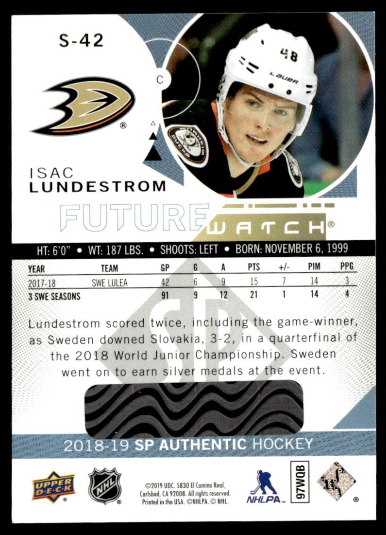 2018-19 SP Authentic Spectrum FX Isac Lundestrom #S-42 card back image