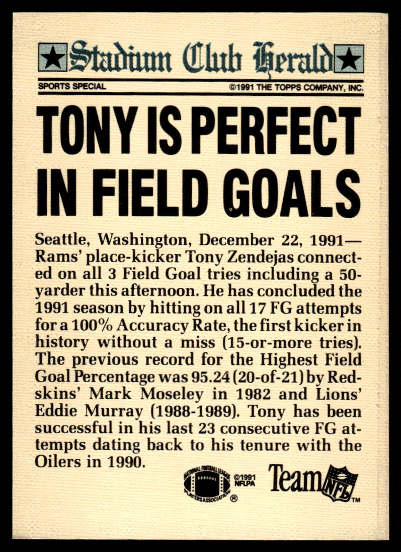1991 Stadium Club Members Only Tony Zendejas card back image