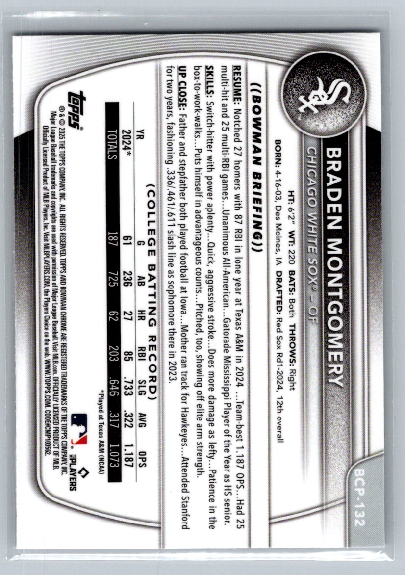 2025 Bowman Chrome Prospects Braden Montgomery #BCP-132 card back image