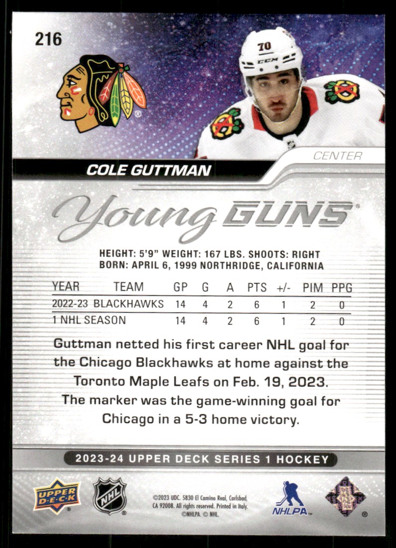 2023-24 Upper Deck YG Cole Guttman #216 card back image