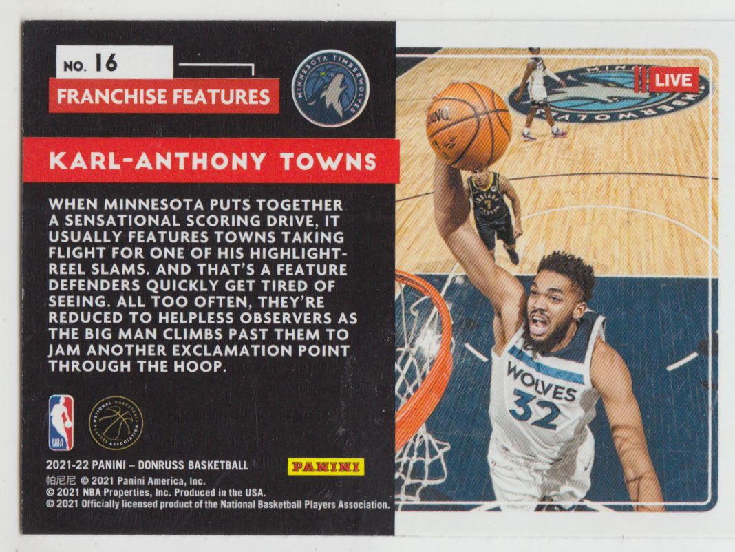 2021-22 Donruss Franchise Features Karl-Anthony Towns #16 on Kronozio