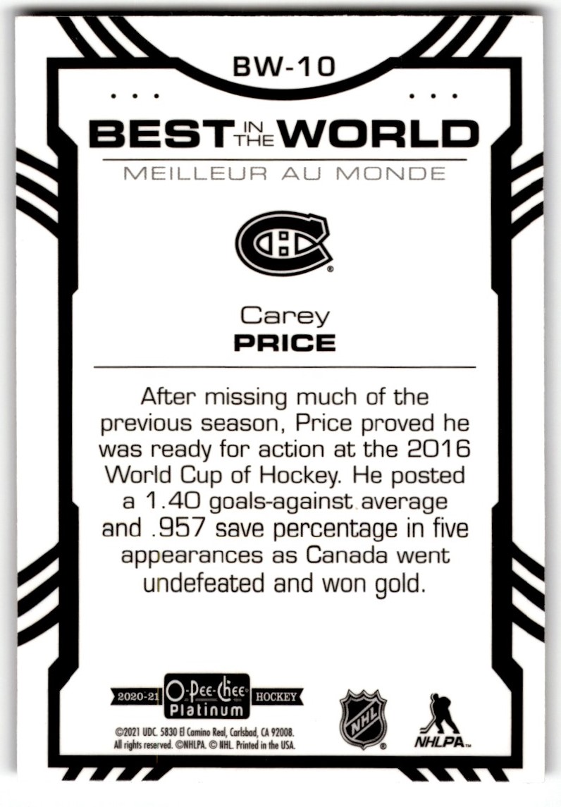 2020-21 O-Pee-Chee Platinum Best in the World Carey Price #BW-10 card back image
