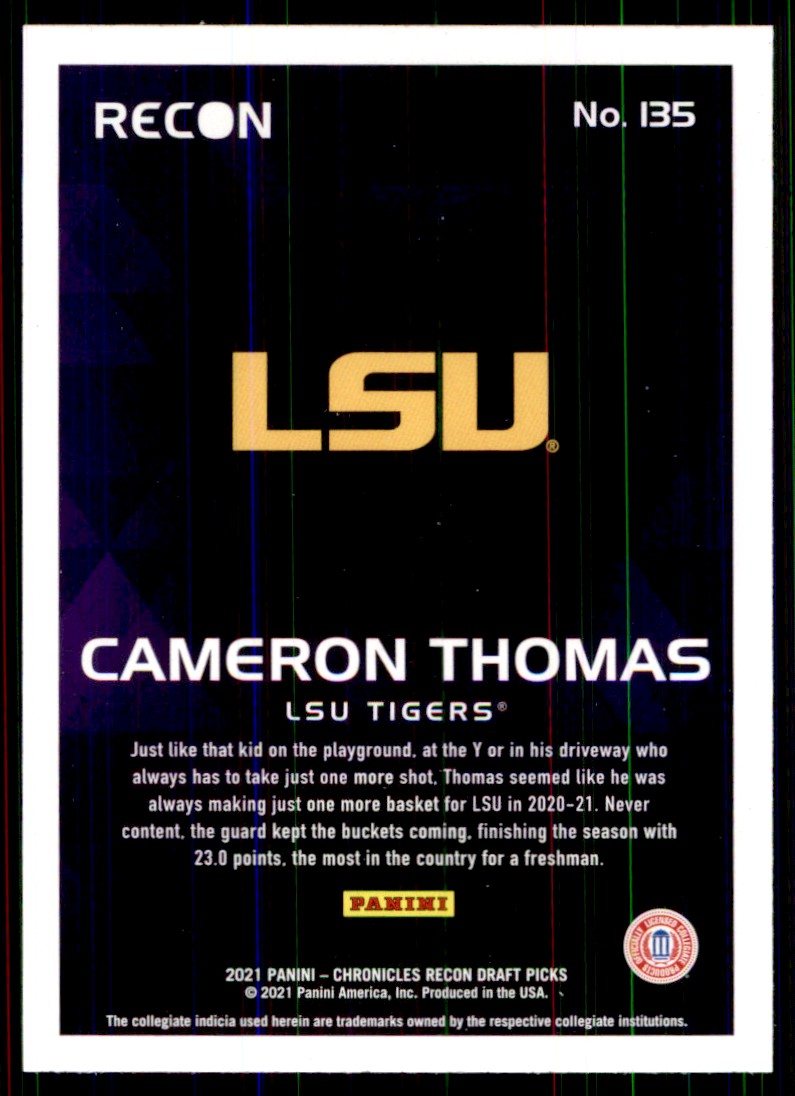 2021-22 Panini Chronicles Draft Picks Cameron Thomas/Recon #135 card back image