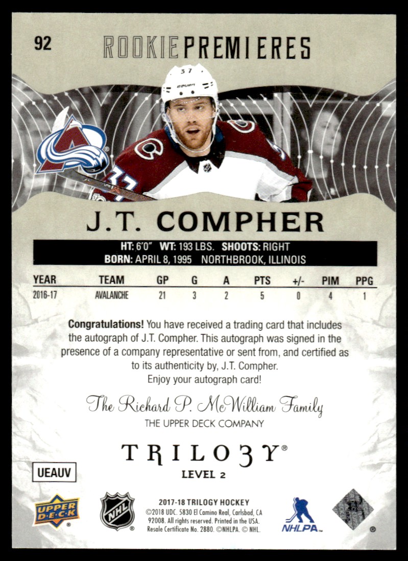 2017-18 Upper Deck Trilogy Rookie Premiers Autographs - Black Foil J.T. Compher #92 card back image