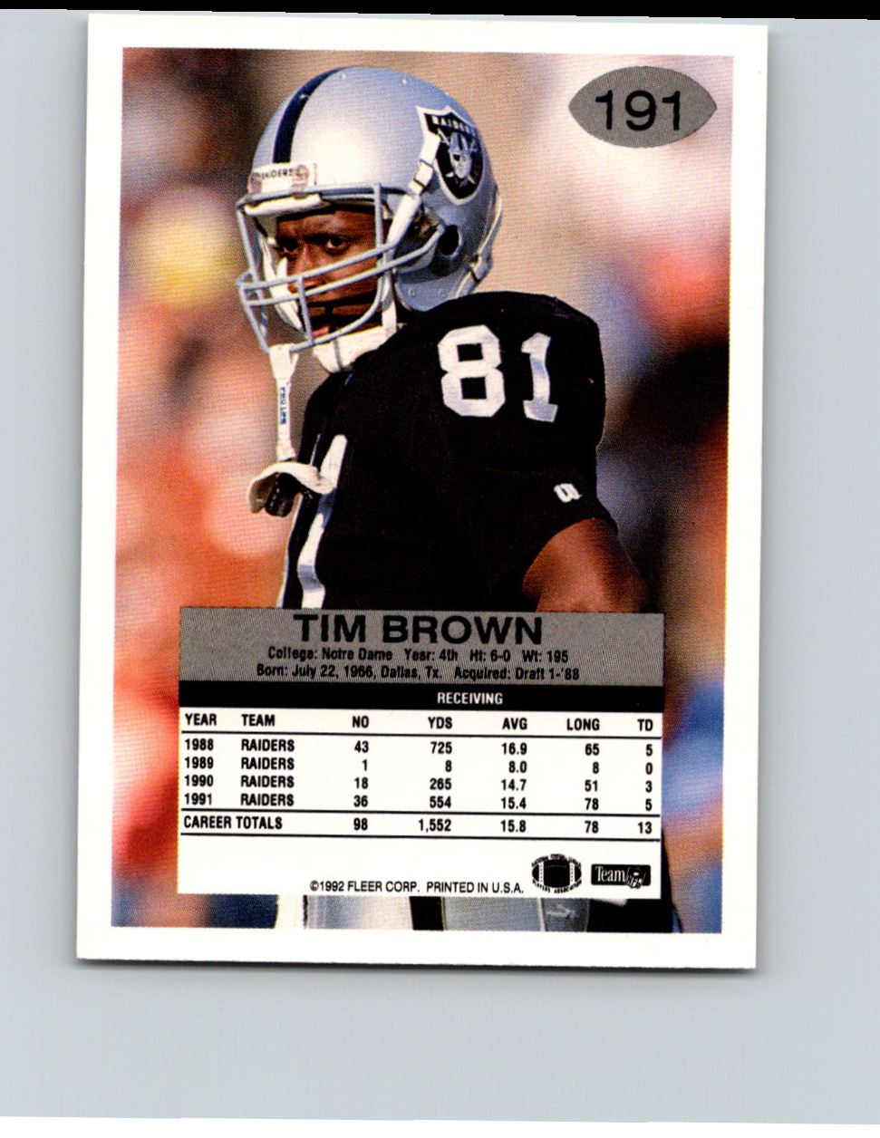 1992 Fleer Tim Brown #191 card back image