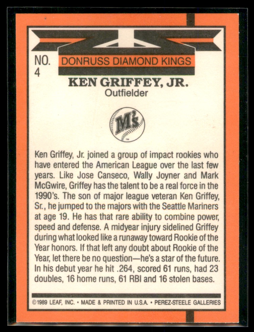 1990 Donruss Ken Griffey Jr. Rookie Seattle Mariners #4 - Picture 2 of 2