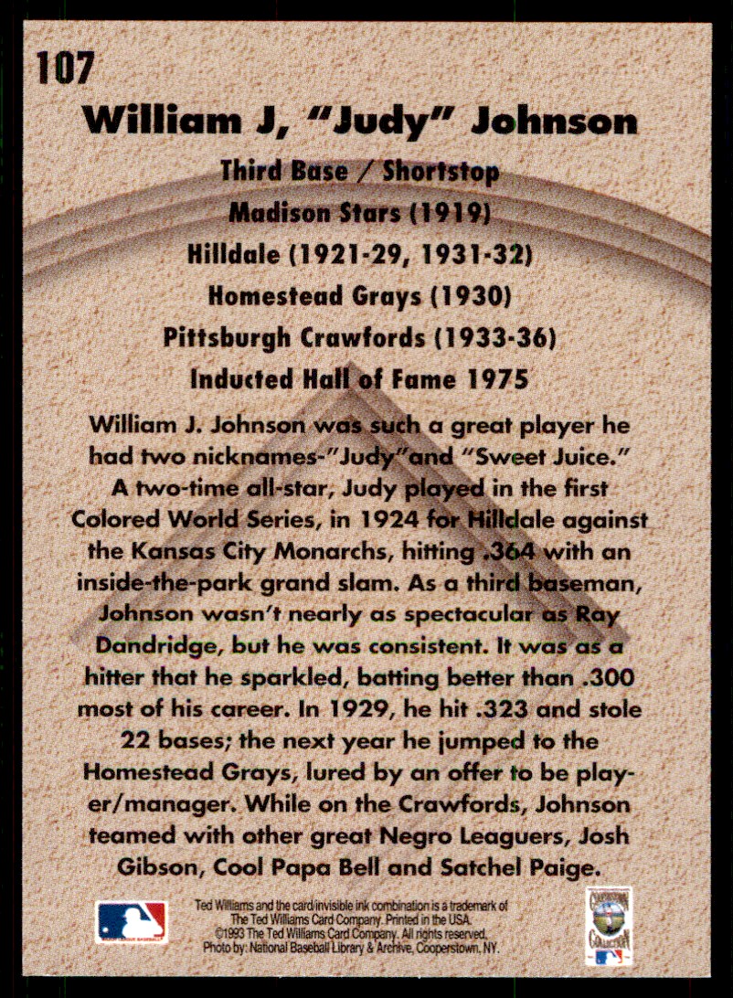1993 Ted Williams Judy Johnson #107 card back image