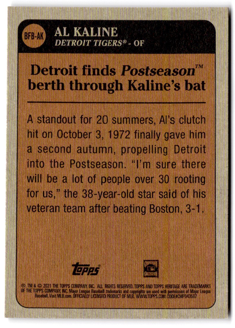 2021 Topps Heritage Baseball Flashbacks Al Kaline #BFB-AK card back image