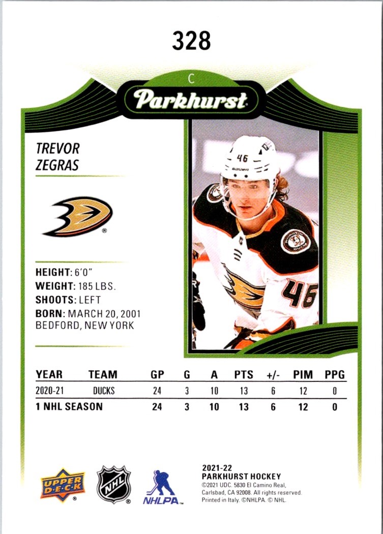 2021-22 Parkhurst Trevor Zegras #328 card back image