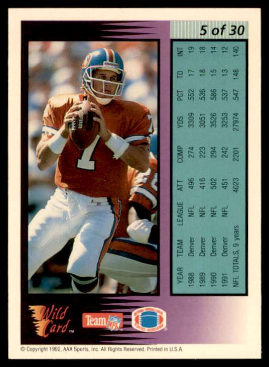 1992 WILD CARD JOHN ELWAY DENVER BRONCOS #5 OF 30 | eBay