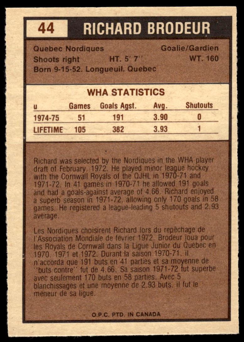 1975-76 O-Pee-Chee WHA NR-MINT Richard Brodeur #44 card back image
