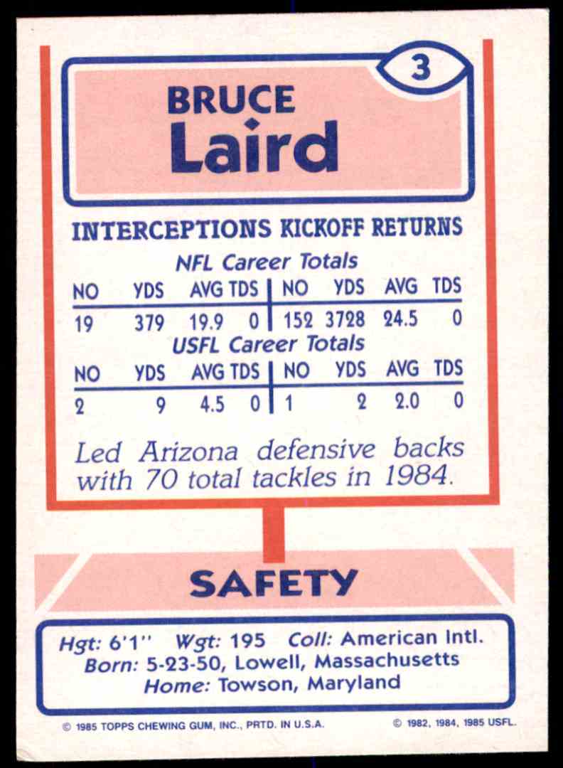1985 Topps Usfl Bruce Laird #3 card back image