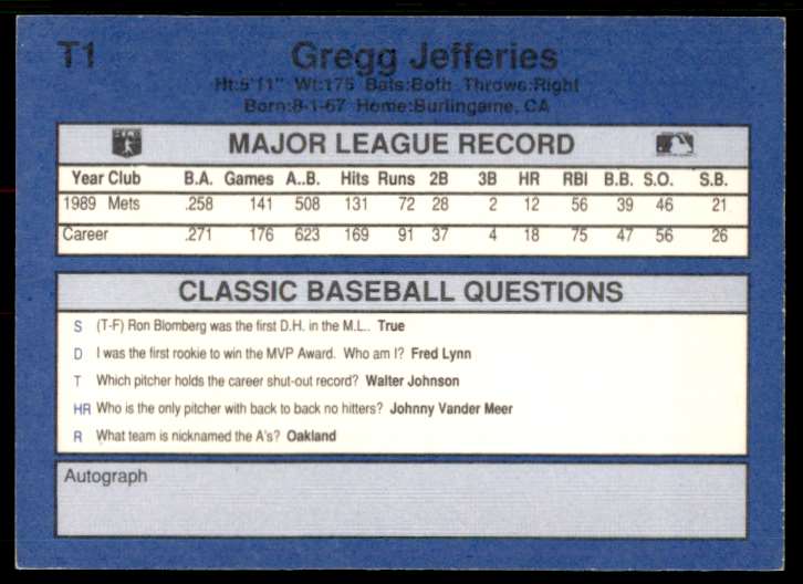 1990 Classic Gregg Jefferies #T1 card back image