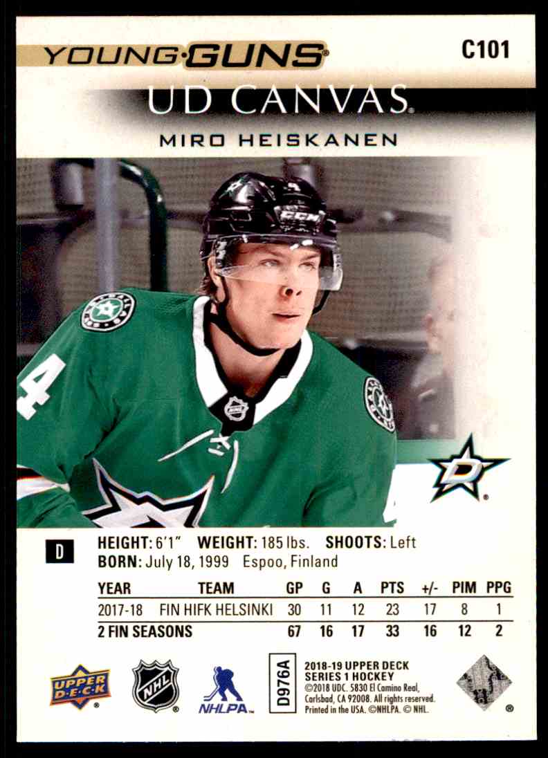 2018 19 Upper Deck Ud Canvas Young Gun Miro Heiskanen C101 On Kronozio