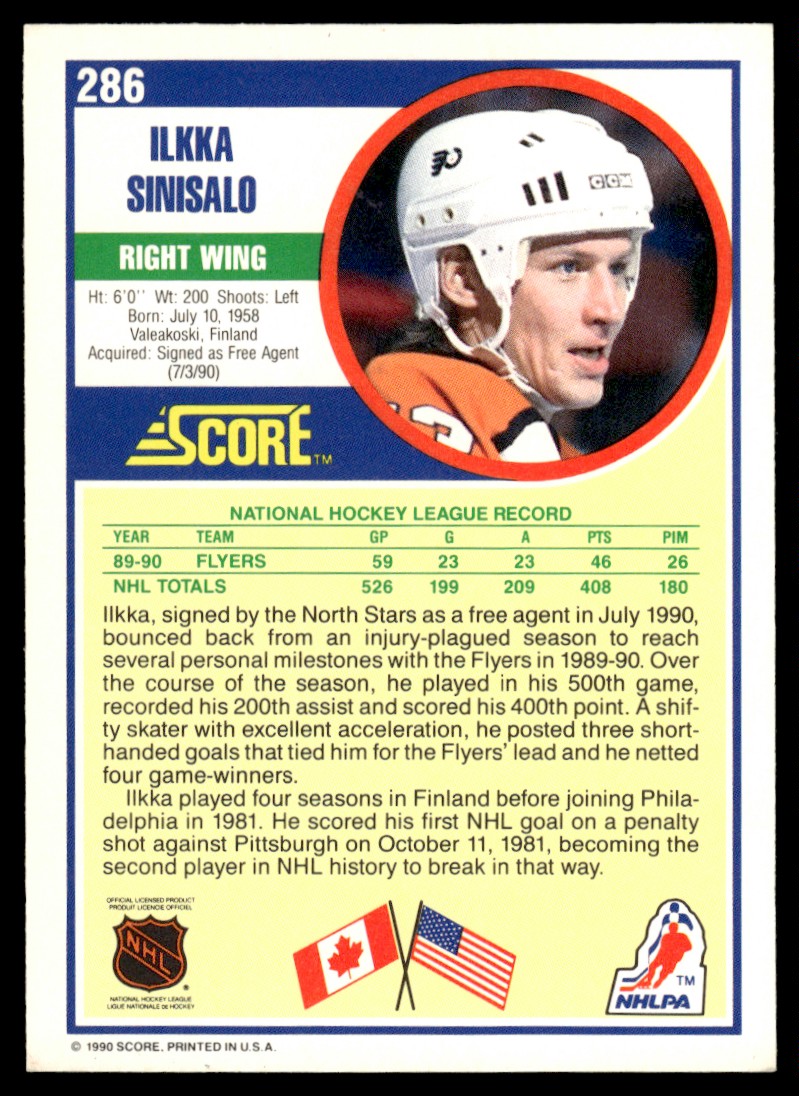 1990-91 Score Canadian Ilkka Sinisalo #286 card back image