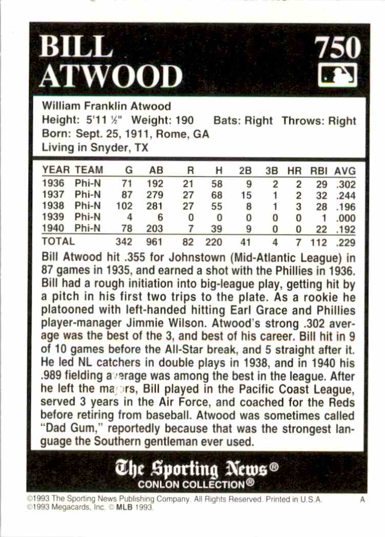 1993 The Sporting News Conlon Collection Bill Atwood 750 on Kronozio