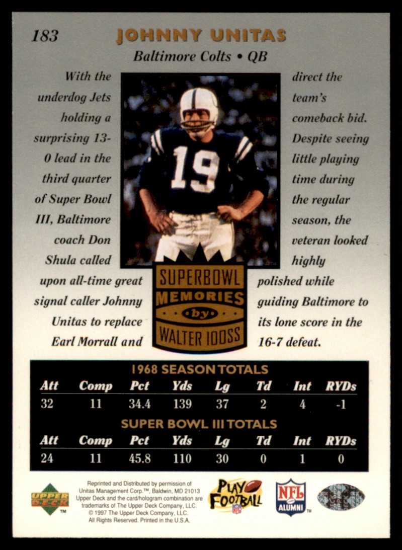 1997 Upper Deck Legends Johnny Unitas #183 card back image